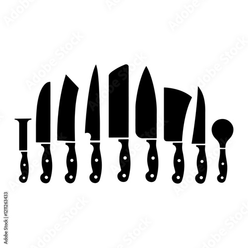 Knife Set Black Silhouette Vector Illustration, Knife Collection Different Black Knife Styles, Knife icon, Kitchen Tools