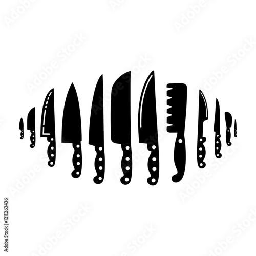 Knife Set Black Silhouette Vector Illustration, Knife Collection Different Black Knife Styles, Knife icon, Kitchen Tools