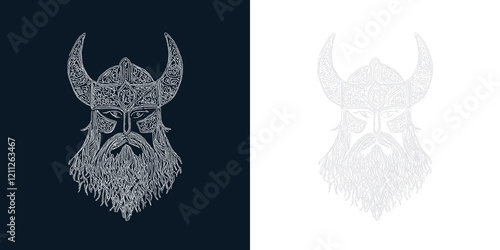 Detailed viking warrior head illustration featuring horns and ornate designs in a two-tone transparent format photo