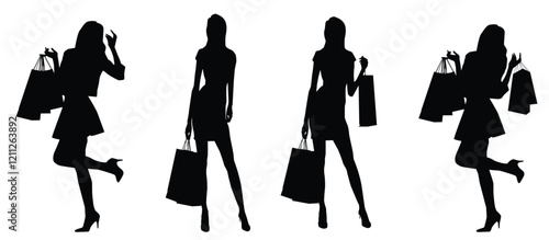 silhouettes of various female models shopping, carrying shopping bags, logo, vector illustration on white background.