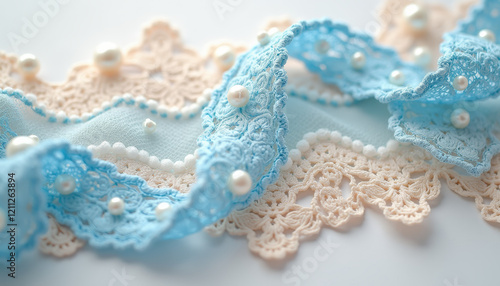 Blue and White Decorative Lace Ribbon with Pearls photo