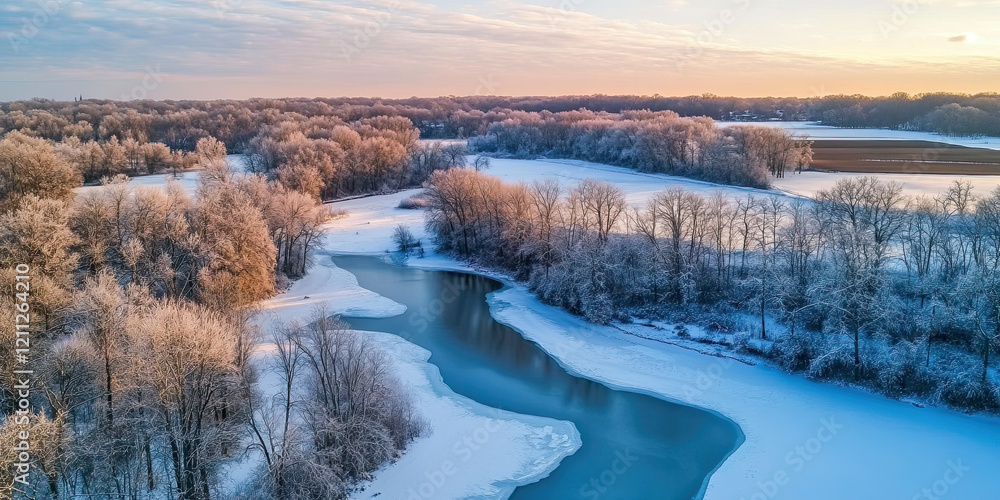 Aerial drone photograph frozen Winter landscape, frost ice snow scene, freezing temperature top down view Aerial drone photograph frozen Winter landscape, frost ice snow scene, freezing temperature top down view