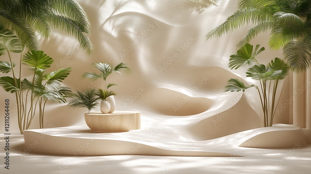 Obraz premium Minimalist Beige Scene With Tropical Plants And Vases