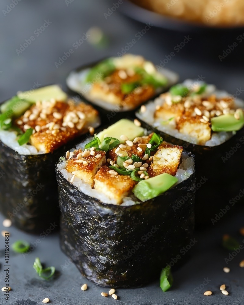 Delicious Sushi Rolls with Avocado and Crispy Tofu on Plate Delicious Sushi Rolls with Avocado and Crispy Tofu on Plate