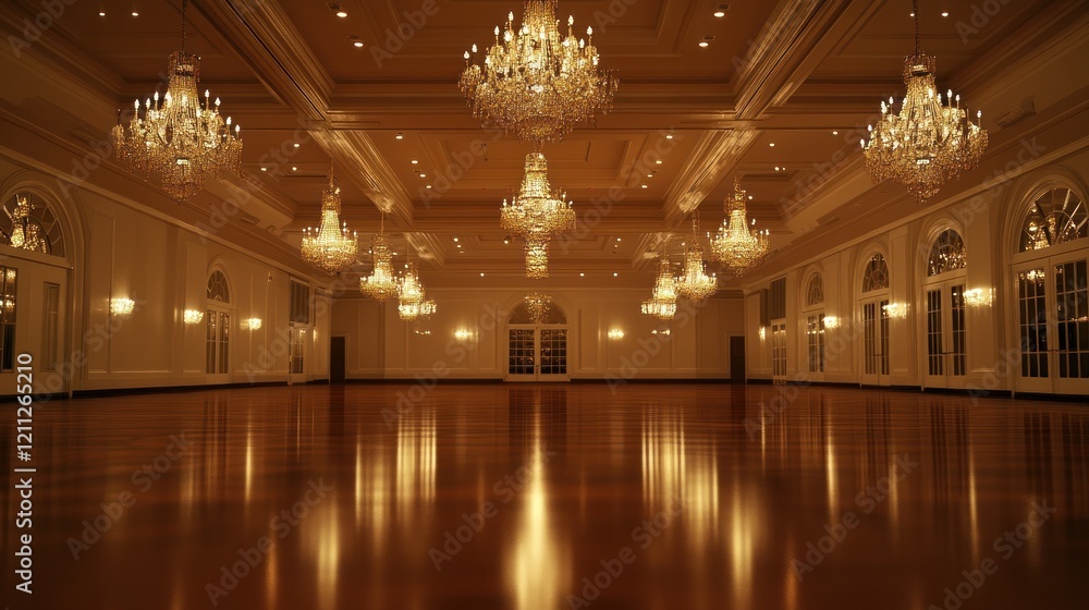 Grand Ballroom Interior: Elegant Crystal Chandeliers and Polished Wood Floors