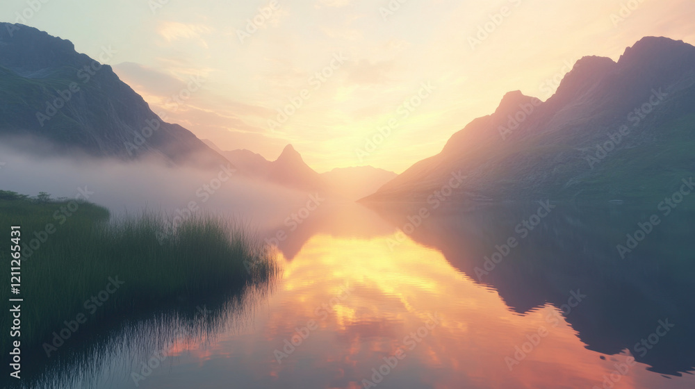 Tranquil Sunrise Over Mountain Lake Reflection Tranquil Sunrise Over Mountain Lake Reflection