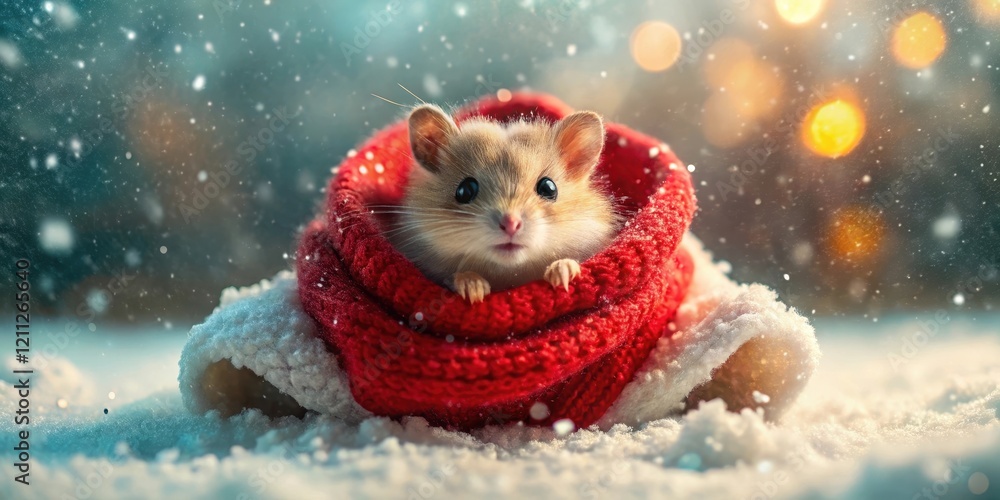 A tiny rodent snuggled in a warm red knitted scarf amidst a gentle winter snowfall, creating a charming winter wonderland scene. A tiny rodent snuggled in a warm red knitted scarf amidst a gentle winter snowfall, creating a charming winter wonderland scene.