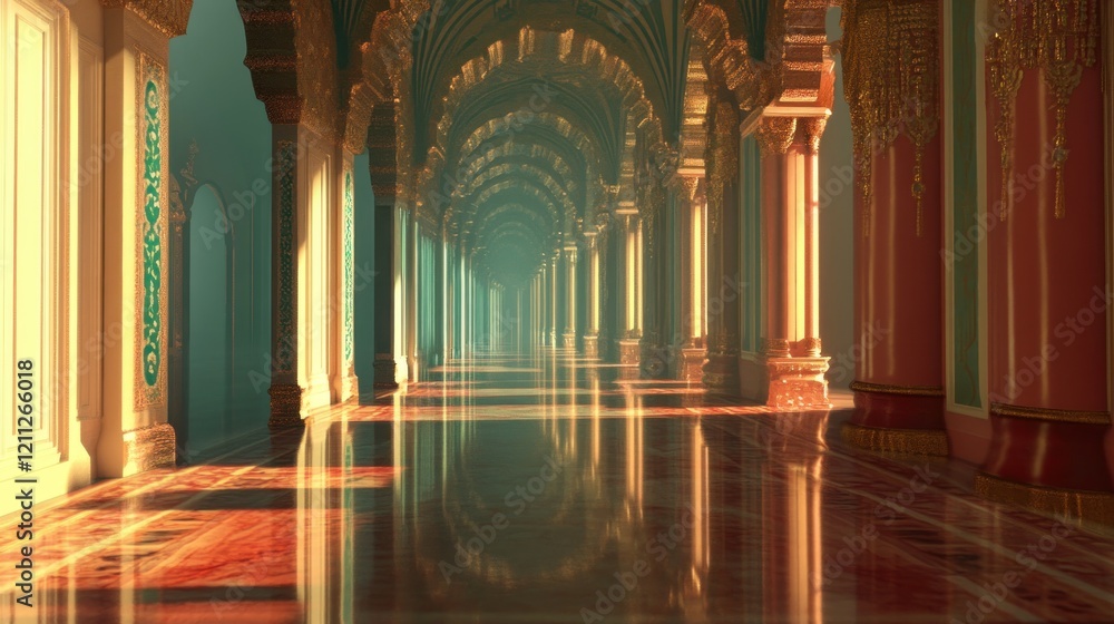 Fototapeta premium Magnificent Palace Hallway: A Digital Rendering of Opulent Architecture