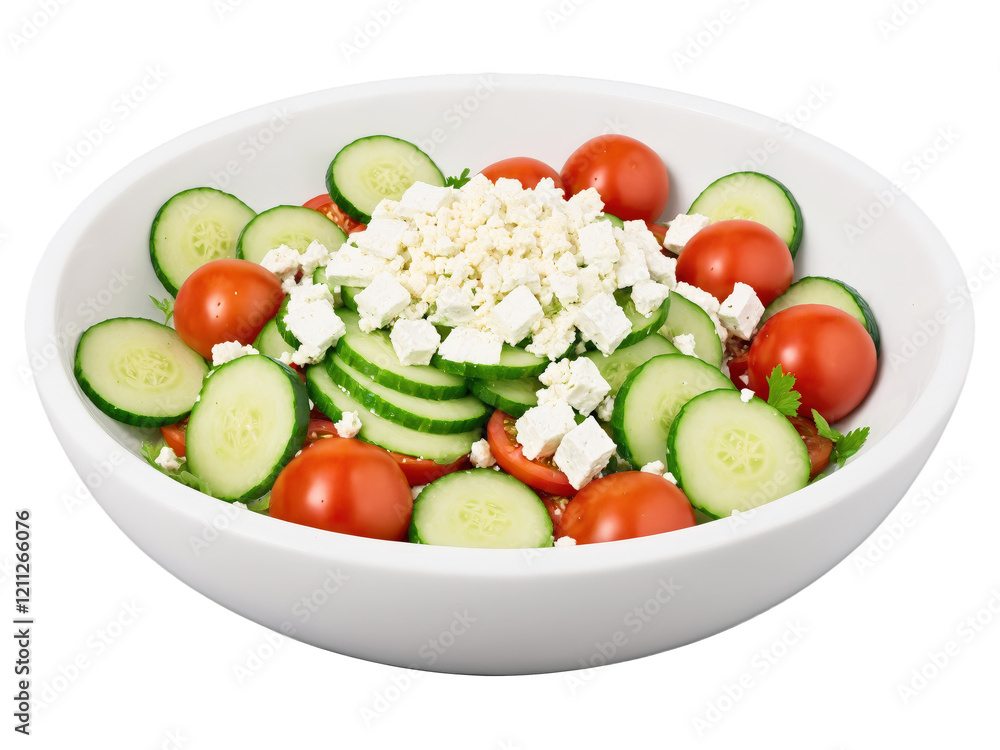 Bulgarian shopska salad with tomatoes, cucumbers, and feta crumbles, vibrant colors. Bulgarian shopska salad with tomatoes, cucumbers, and feta crumbles, vibrant colors.