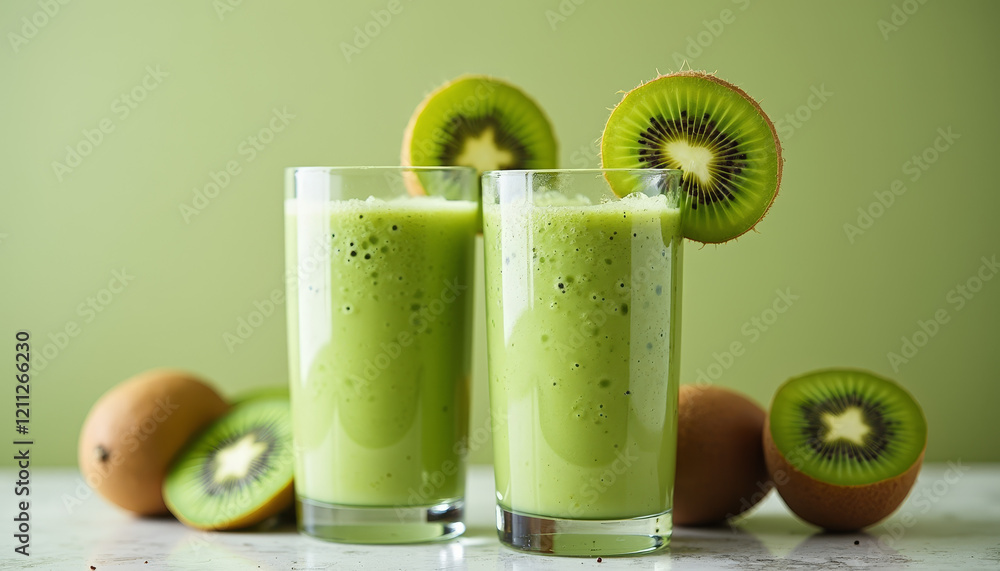 Two Kiwi Smoothies with Fresh Kiwi Slices on Top