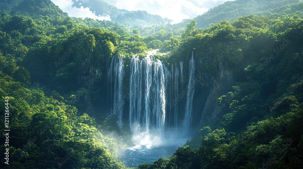 Fototapeta premium Aerial view of a jungle waterfall, powerful and lush nature scene 