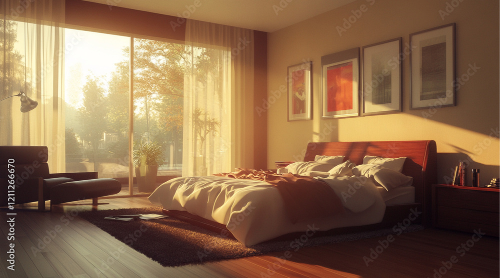 modern, middle class bedroom, morning light, Pot plant on window modern, middle class bedroom, morning light, Pot plant on window