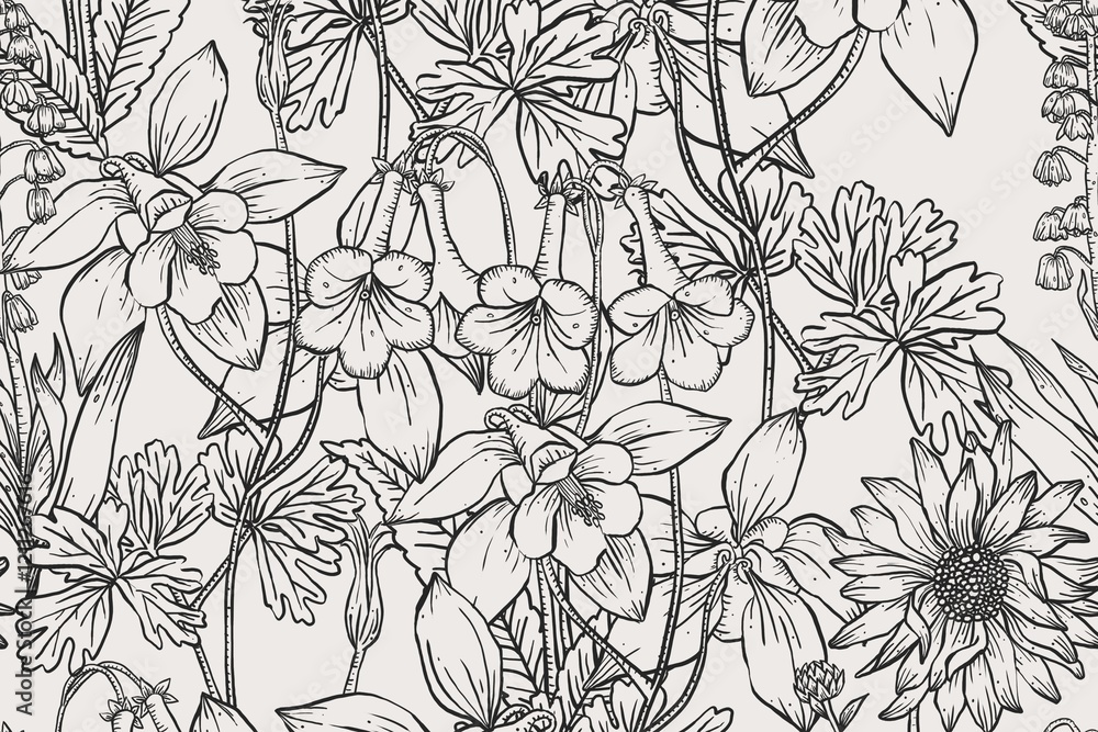 Fototapeta premium Floral line art social media banner, black and white hand drawn design