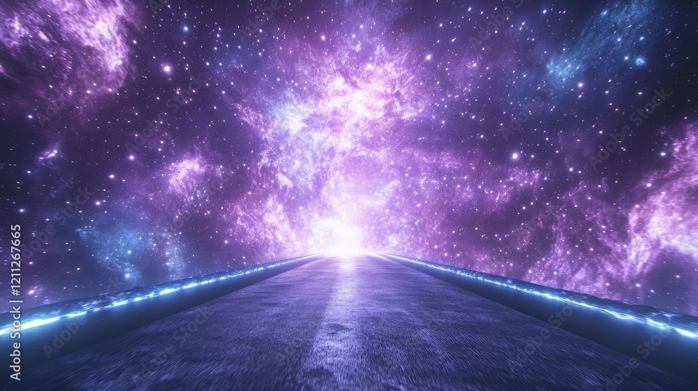 Fototapeta premium Starry galaxy view spanning the sky above a narrow road leading into a glowing distance.