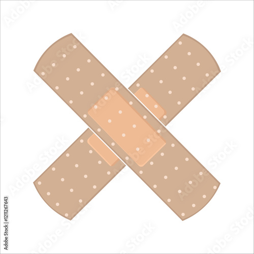 Two crossed adhesive bandages with polka dot pattern on a white background