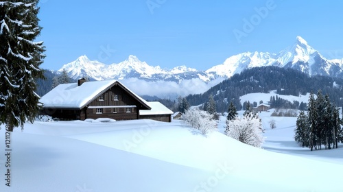 Snowy Chalet in Alpine Mountains photo