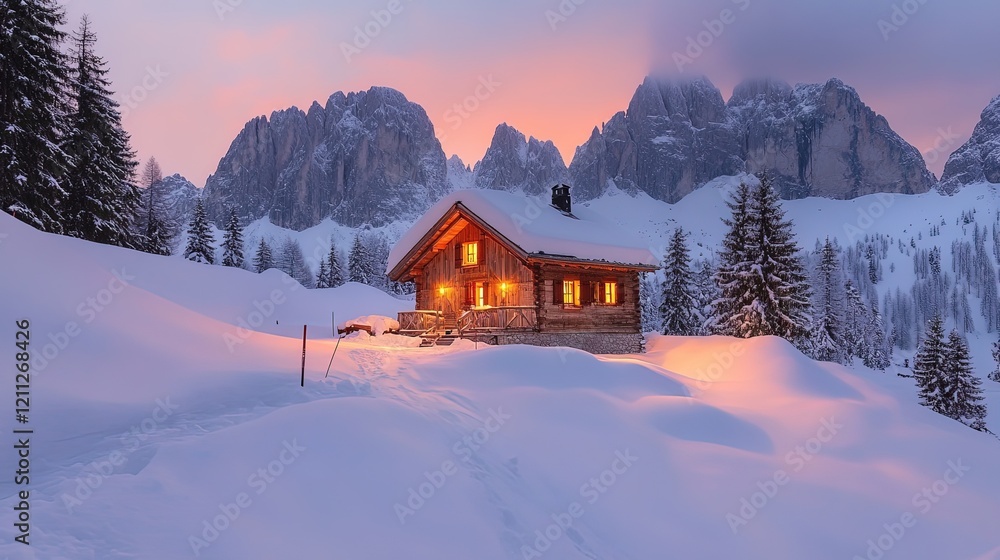 A cozy cabin in the snowy mountains at dusk, inviting and warm winter scene A cozy cabin in the snowy mountains at dusk, inviting and warm winter scene