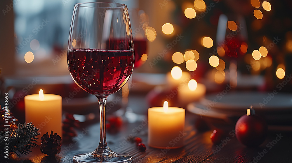 Festive Christmas and New Year's Celebration Concept with Red Wine in Glasses and Candles on Table, Blurred Lights Background Festive Christmas and New Year's Celebration Concept with Red Wine in Glasses and Candles on Table, Blurred Lights Background
