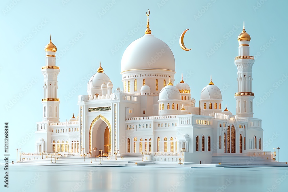 Obraz premium Islamic decoration background for Ramadan with lantern and mosque 3D rendering. 3D Illustration
