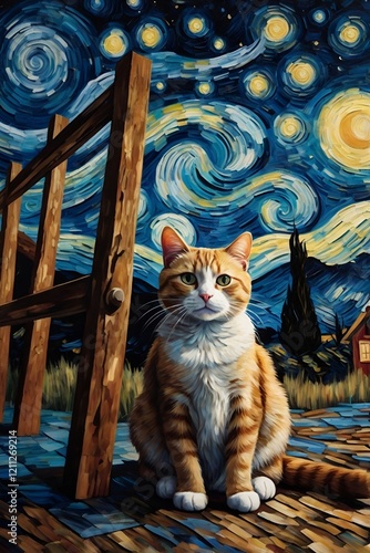  Starry Night, oil painting, cat outside house, swirling sky, moonlight, rustic house, night sky, vivid colors, 8K artwork, inspired, dreamy atmosphere, dynamic stars, swirling cloud photo