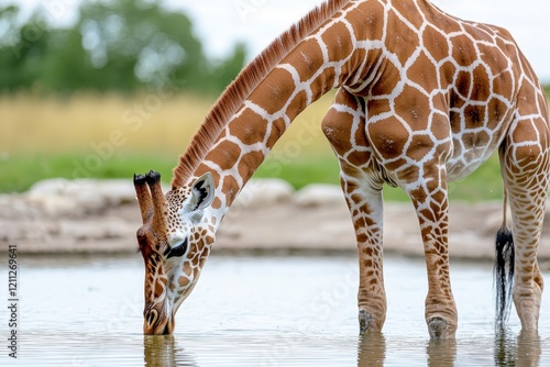 A graceful giraffe bends down to drink water from a serene pond, surrounded by lush greenery and a peaceful landscape. photo