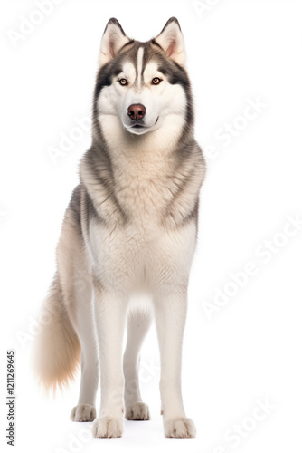Portrait of a beautiful and cute young husky dog ​​on an isolated white background. Smiling face of a domestic breed dog with pointed ears.