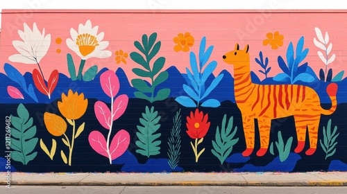 Vibrant Mural Stylized Animal and Floral Design on Pink Wall