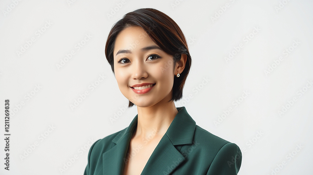 portrait of young Asian woman, She has short hair and a warm smile, wearing a green suit on a white background portrait of young Asian woman, She has short hair and a warm smile, wearing a green suit on a white background