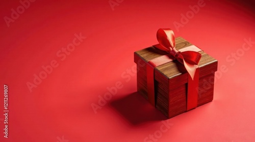 Wallpaper Mural A Beautifully Wrapped Wooden Gift Box with a Red Ribbon on Red Background Torontodigital.ca