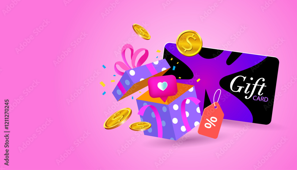 Fototapeta premium A vibrant illustration representing the joy of online shopping. The design highlights convenient payment via credit card, the excitement of receiving gifts, and the benefit of cashback rewards.
