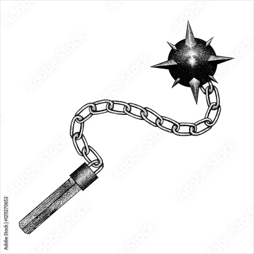 Medieval Weapon One-Handed Spiked Flail or Mace hand drawing vector isolated on background.