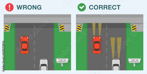 Safe driving tips and traffic regulation rules. Correct and wrong driving. Traffic flow entering the tunnel. Turn on headlights sign area. Flat vector illustration template.