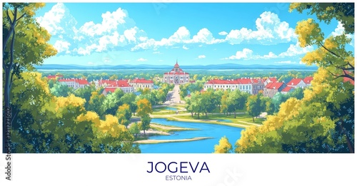 Jogeva Estonia Travel Poster Flat Illustration Print Decor Gift Canvas Wall Art photo