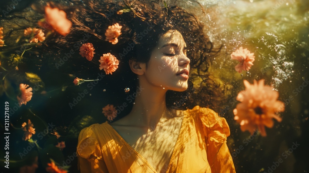 Fototapeta premium A woman with flowers in her hair, floating in water with flowers around her.