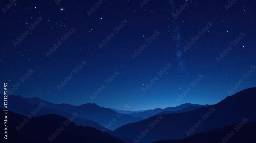 Serene Night Sky Over Majestic Mountain Ranges, a Tranquil and Peaceful Landscape Under a Starry Firmament Serene Night Sky Over Majestic Mountain Ranges, a Tranquil and Peaceful Landscape Under a Starry Firmament