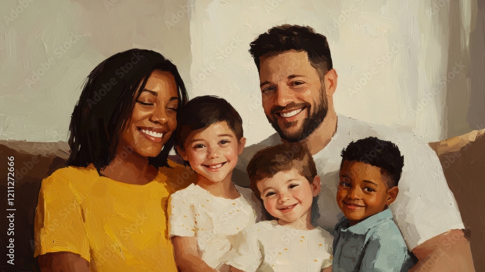 Happy Diverse Family Portrait Painted Style Happy Diverse Family Portrait Painted Style