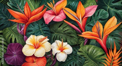 Wallpaper Mural Tropical Floral Paradise: A vibrant tapestry of tropical flowers, their vivid colors bursting forth amidst lush green foliage Torontodigital.ca