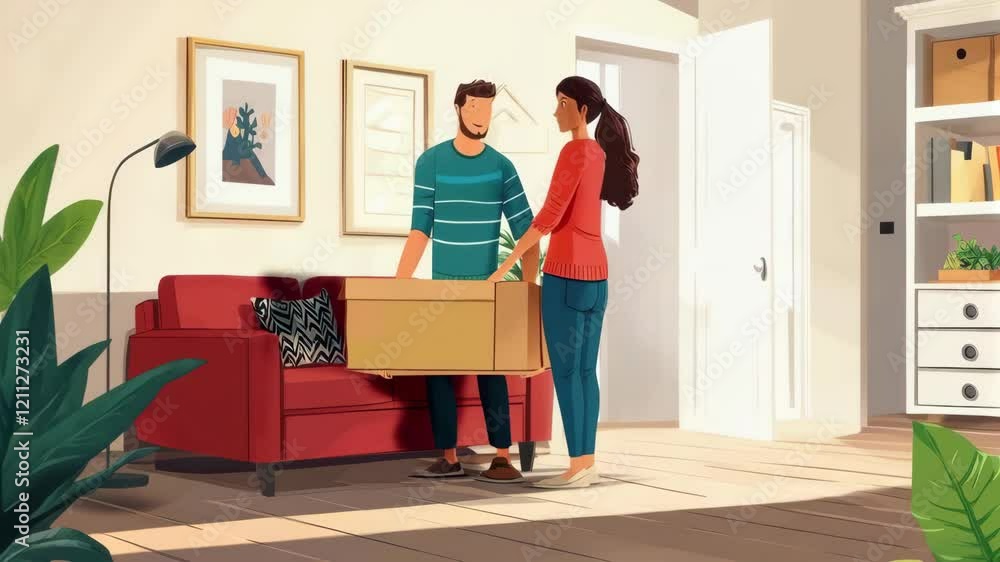 Couple arranging new home: unpacking boxes and setting up cozy living space Couple arranging new home: unpacking boxes and setting up cozy living space