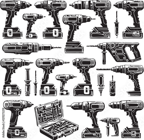 Black Color Cordless Drill Silhouette Vector Illustration, Solid White Background. minimal vector design