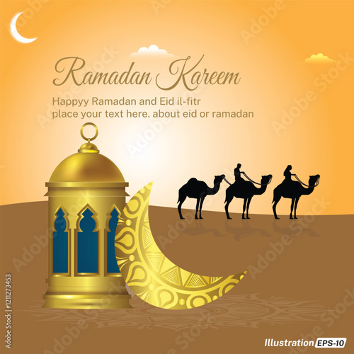 ramadan kareem islamic greeting card background with camel, islamic lump, moon  Premium Vector.2025