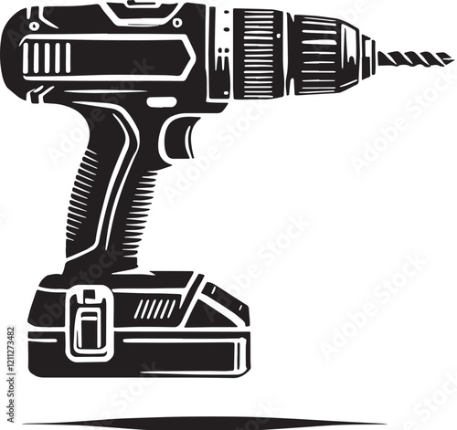 Black Color Cordless Drill Silhouette Vector Illustration, Solid White Background. minimal vector design