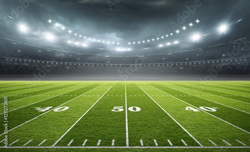 Illuminated American Football Field at Night in a Stadium, 3d rendering	