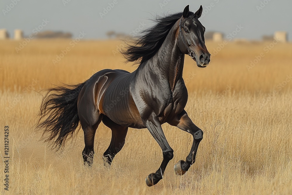 Black stallion runs through golden field. Black stallion runs through golden field.