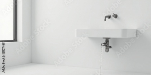 Wallpaper Mural A minimalist white bathroom sink with dark grey faucet and overflowing water, in a bright room with a large window Torontodigital.ca