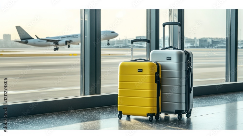 Silver and Yellow Suitcases at Airport Window Silver and Yellow Suitcases at Airport Window