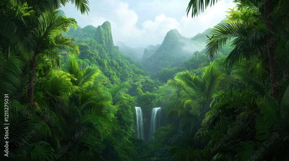 Lush vibrant tropical paradise waterfall cascading through a dense verdant jungle teeming with life Lush vibrant tropical paradise waterfall cascading through a dense verdant jungle teeming with life