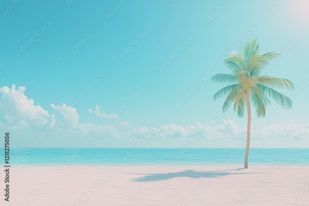 Obraz premium Serene Tropical Beach Scene with a Single Palm Tree Against a Bright Sky and Tranquil Ocean, Ideal for Relaxation and Vacation Imagery