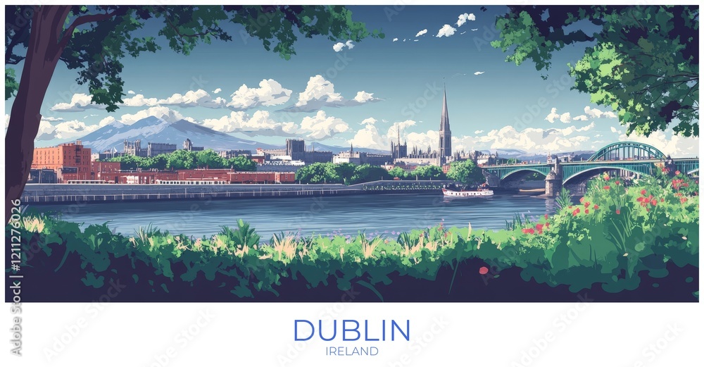 Fototapeta premium Dublin Ireland Travel Poster Flat Illustration Print Decor Gift Canvas Wall Art