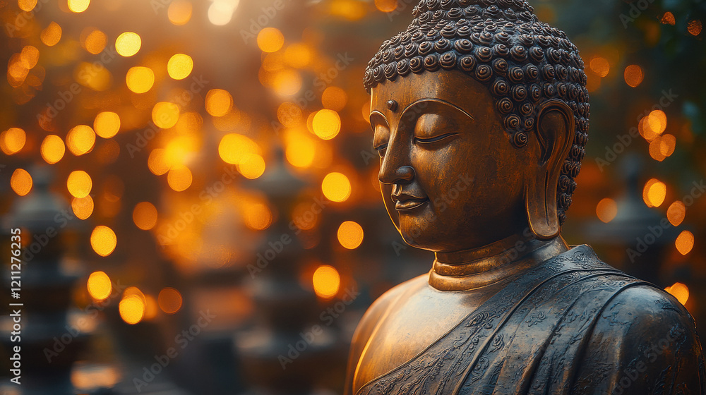 Golden Buddha with glowing lights in the background Golden Buddha with glowing lights in the background