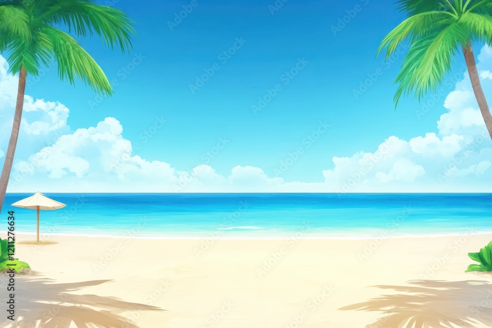 Serene Tropical Beach View with Clear Blue Skies, Gentle Waves, and Lush Palm Trees Framing a Tranquil Coastal Landscape Ideal for Relaxation and Escape Serene Tropical Beach View with Clear Blue Skies, Gentle Waves, and Lush Palm Trees Framing a Tranquil Coastal Landscape Ideal for Relaxation and Escape